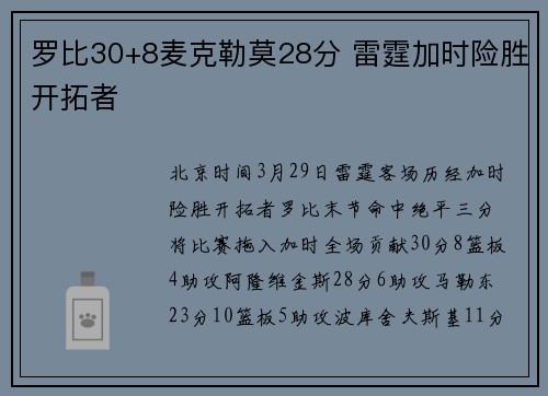 罗比30+8麦克勒莫28分 雷霆加时险胜开拓者
